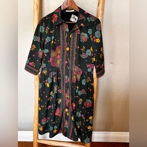 Wayward Fables Floral Dress Lined Pockets 3/4 Sleeve w Pink Brooch